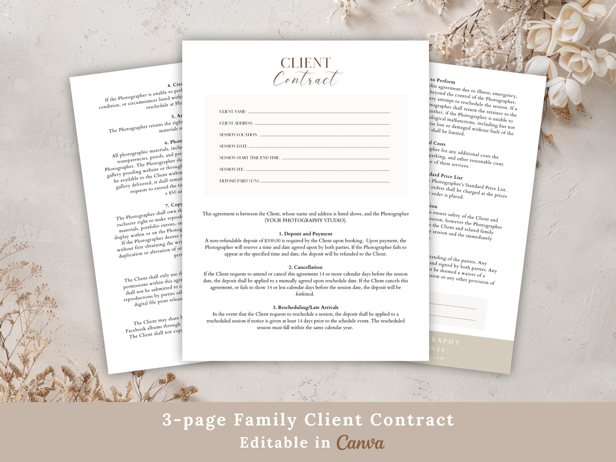 Family Photography Client Contract (3 page) Canva Template