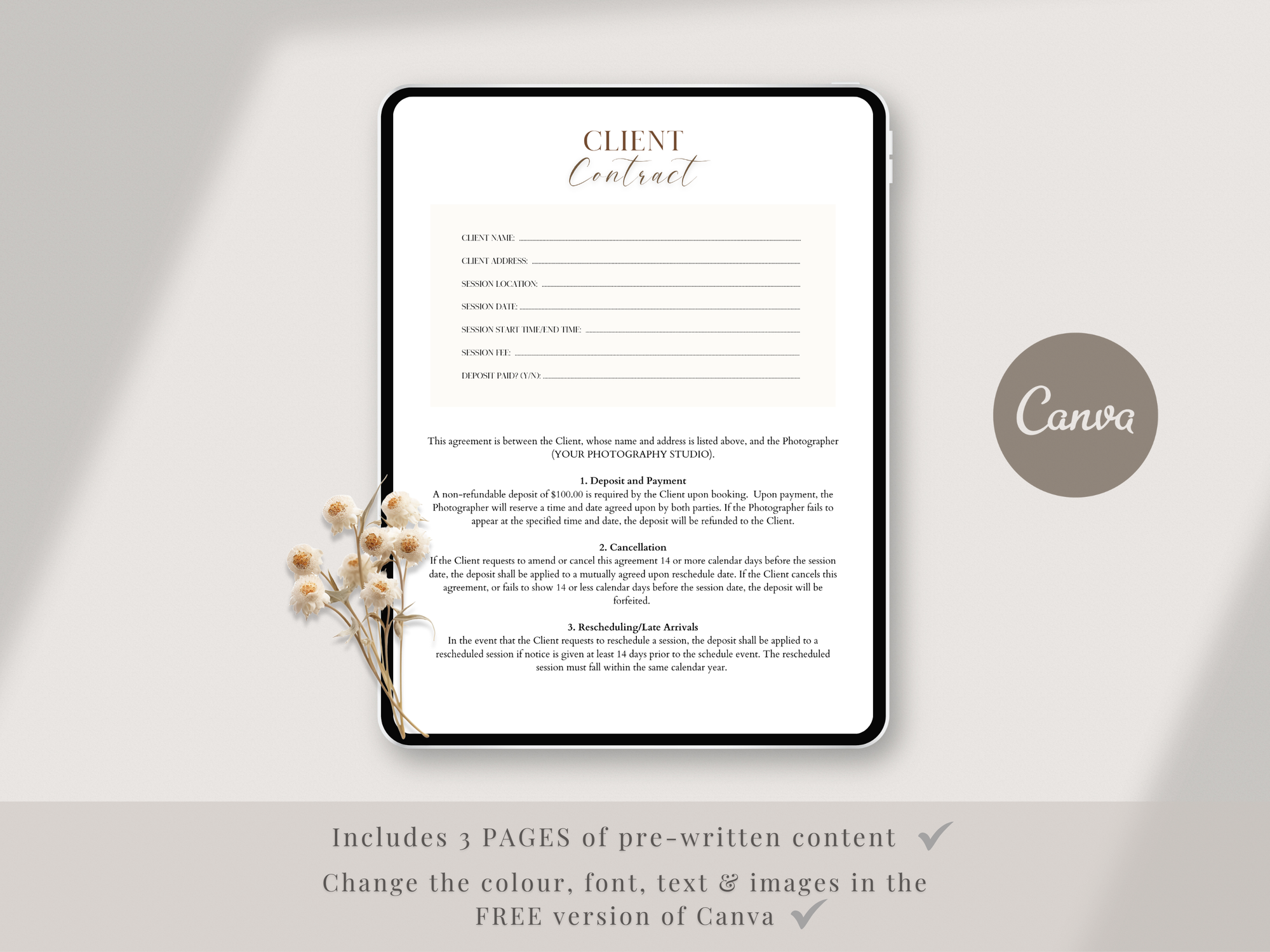 Family Photography Client Contract (3 page) Canva Template