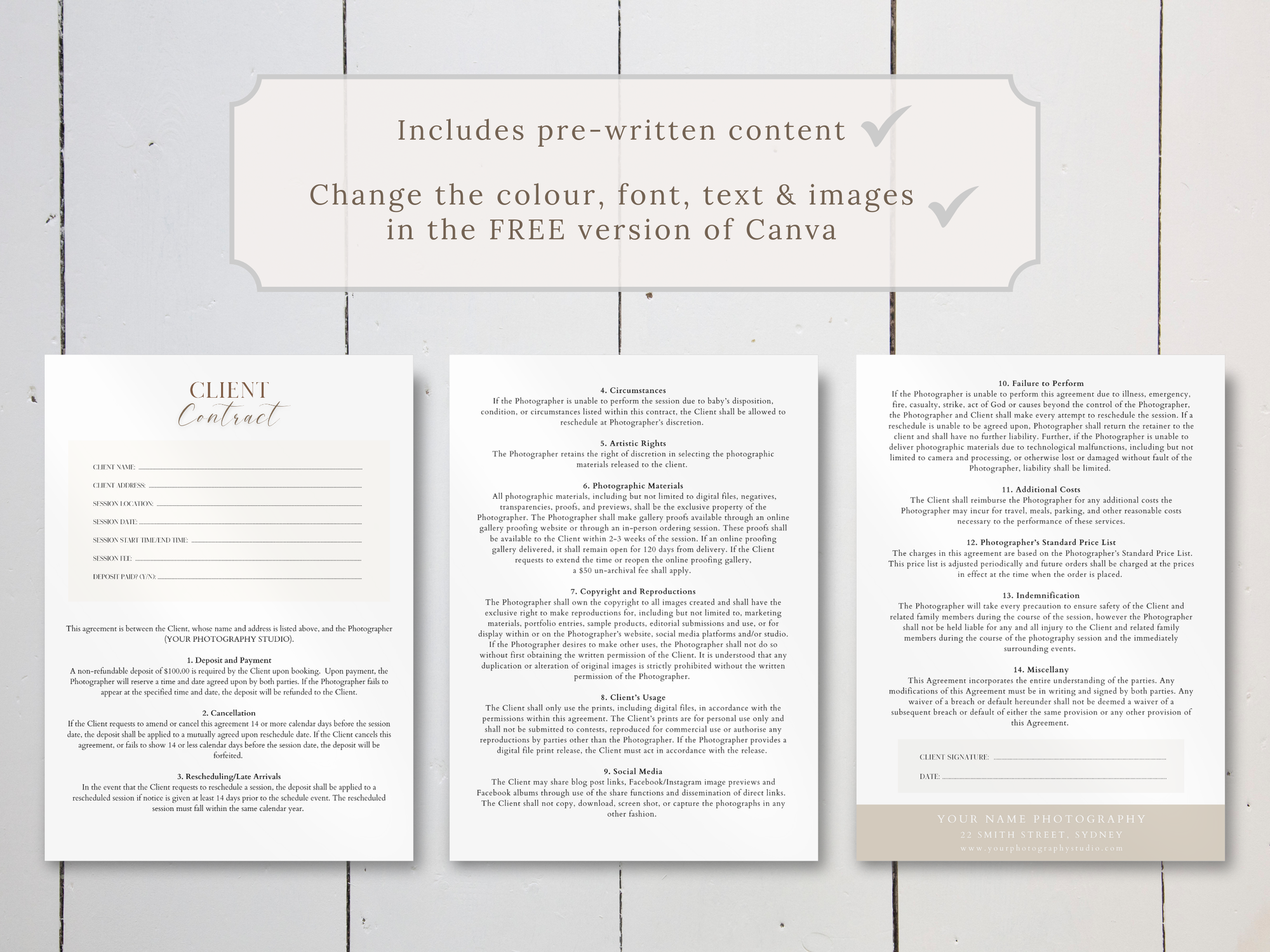 Family Photography Client Contract (3 page) Canva Template