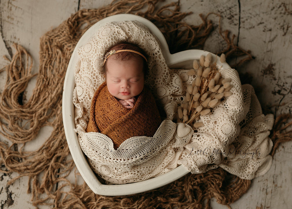 Newborn Posing with a Wooden Heart Bowl | Princess & the Pea Props