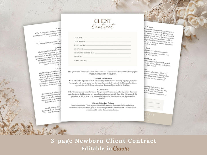 Newborn Photography Client Contract (3 page) Canva Template