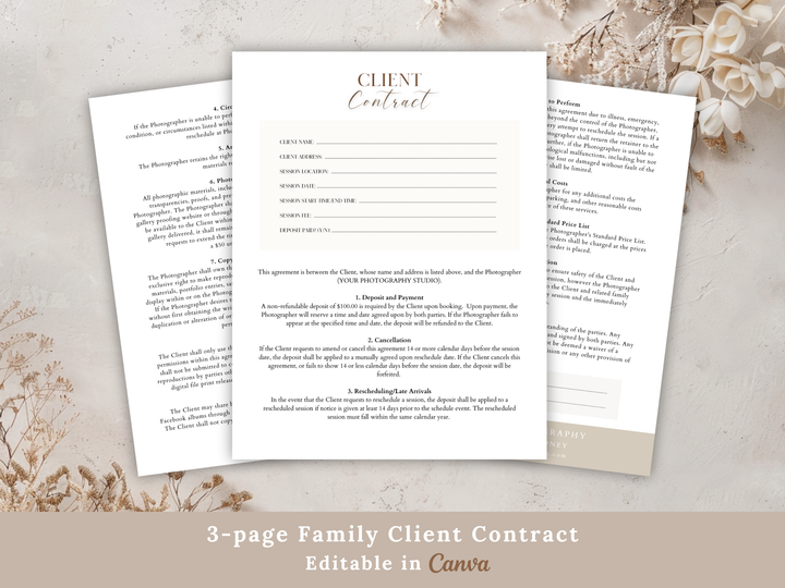 Family Photography Client Contract (3 page) Canva Template