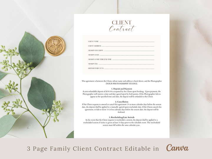 Family Photography Client Contract (3 page) Canva Template