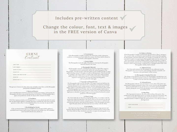 Newborn Photography Client Contract (3 page) Canva Template