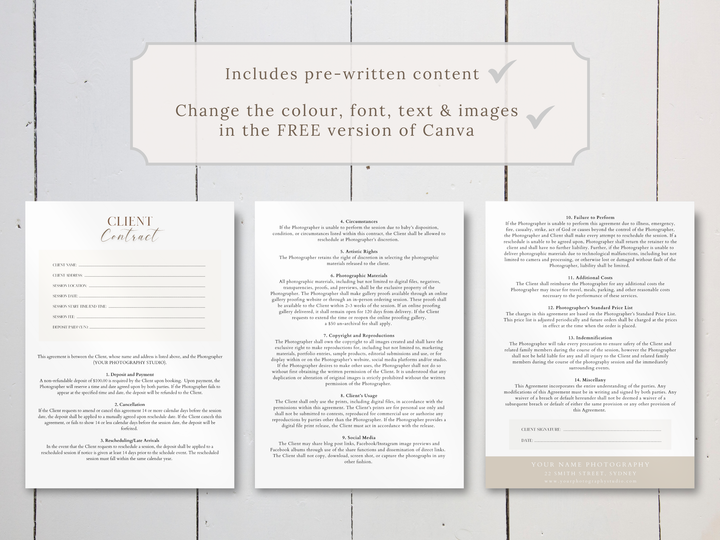 Family Photography Client Contract (3 page) Canva Template
